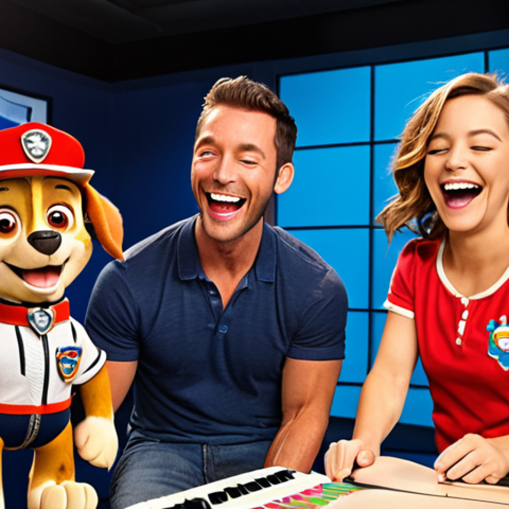 **

A group of the Paw Patrol voice actors in a recording studio, laughing and sharing a moment. Focus on the camaraderie and fun atmosphere. Include microphones, scripts, and perhaps some Paw Patrol merchandise in the background. The style should be warm and inviting, reflecting the close-knit feeling described.

**