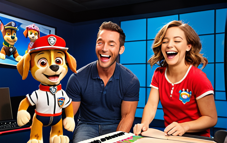 **

A group of the Paw Patrol voice actors in a recording studio, laughing and sharing a moment. Focus on the camaraderie and fun atmosphere. Include microphones, scripts, and perhaps some Paw Patrol merchandise in the background. The style should be warm and inviting, reflecting the close-knit feeling described.

**