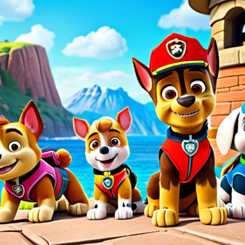**Prompt:** Paw Patrol team portrait. Ryder, Chase, Marshall, Skye, Rubble, Rocky, Zuma smiling together in Adventure Bay. Sunny day, cartoon style, vibrant colors. Include the Lookout tower in the background.