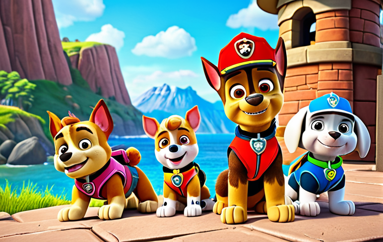 **Prompt:** Paw Patrol team portrait. Ryder, Chase, Marshall, Skye, Rubble, Rocky, Zuma smiling together in Adventure Bay. Sunny day, cartoon style, vibrant colors. Include the Lookout tower in the background.